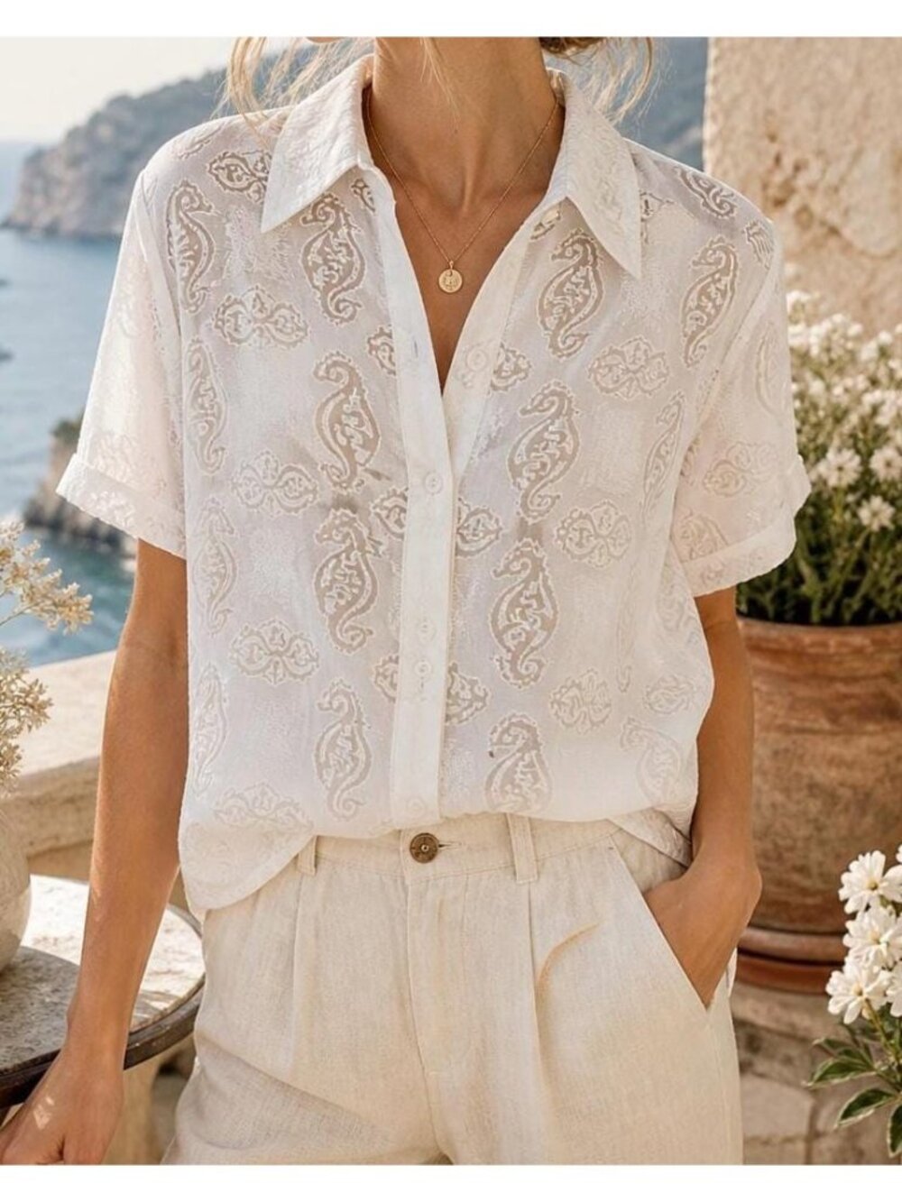 Sheer Seahorse Blouse Coastal Cottagecore Top Alfred Dunner Beachy Button Up